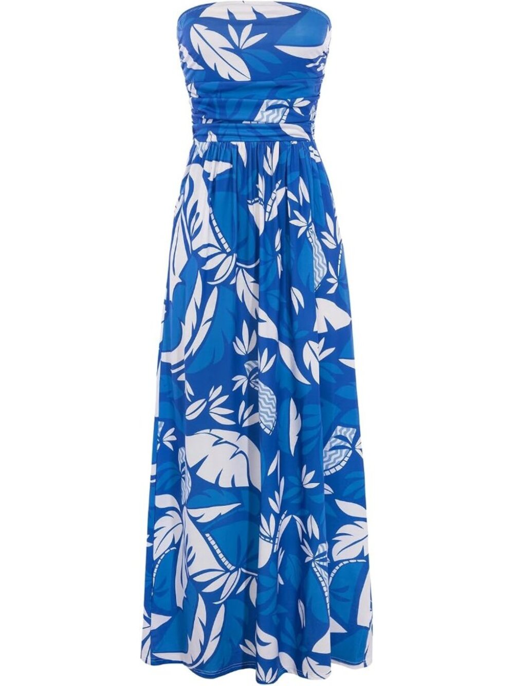 〽️Women’s Blue Tropical Strapless Maxi Dress Coconut Palm Print Flowy Ruched Poc